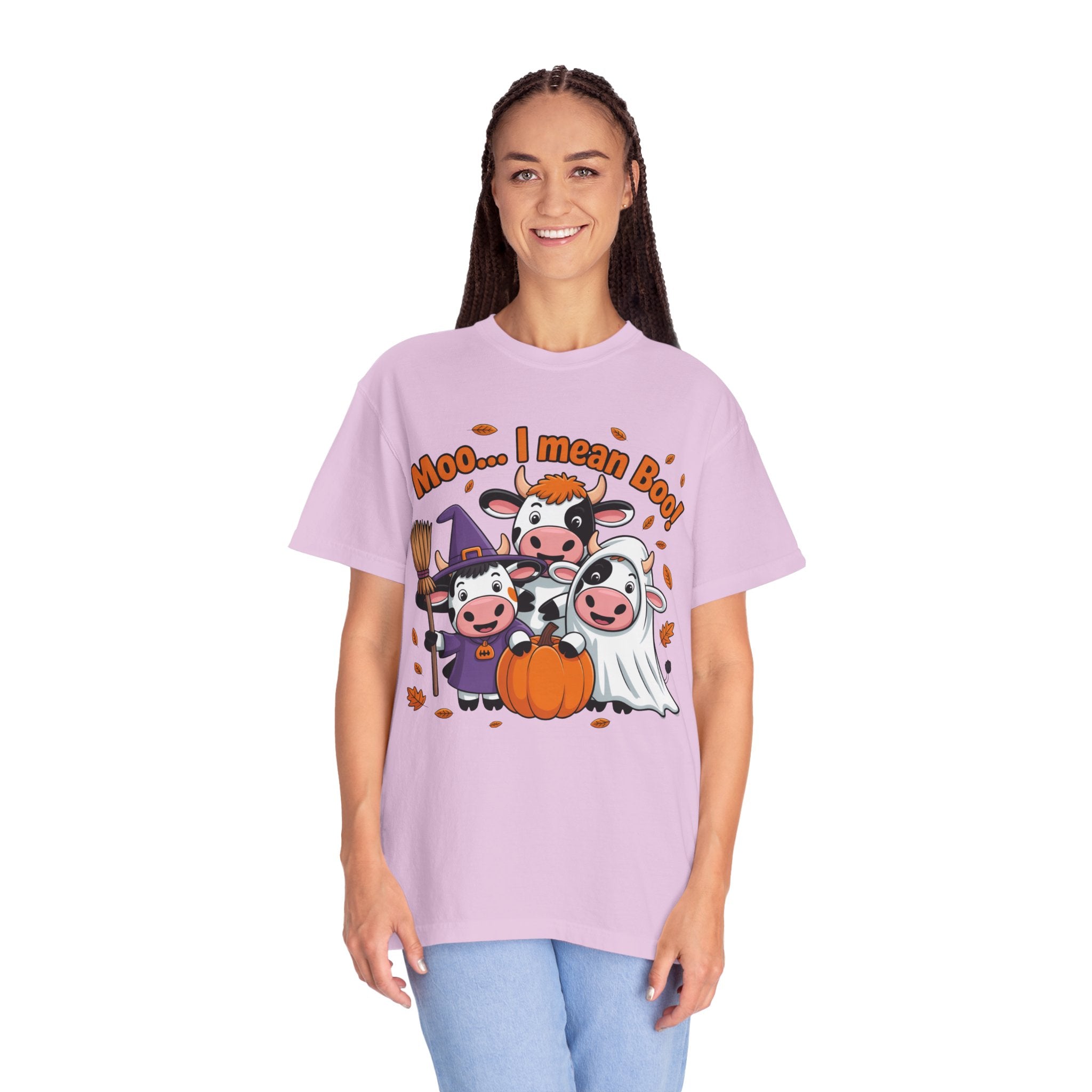 Halloween Cow T-Shirt – “Moo... I mean Boo!” Cute Pumpkin & Witch Cows Graphic Tee