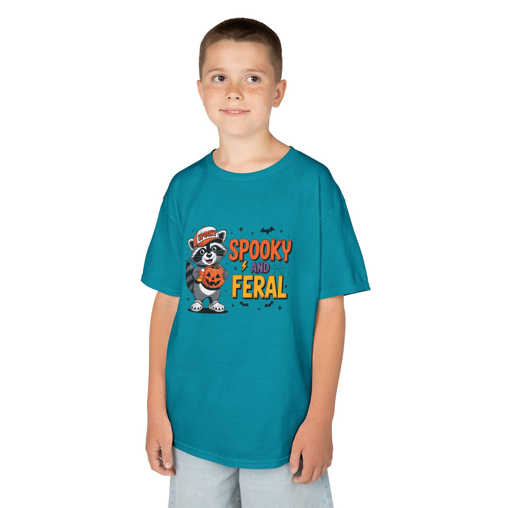 Kids Tee — "Spooky and Feral" Halloween Raccoon Pumpkin Shirt