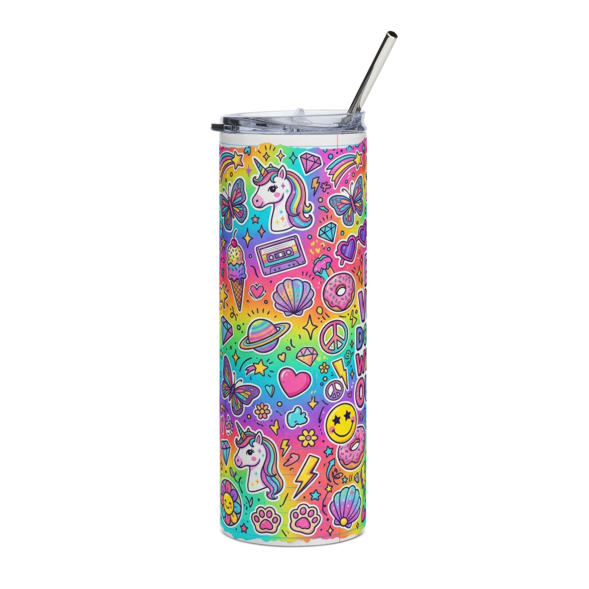 A tall, skinny tumbler with a clear lid and metal straw, decorated with a vibrant, multicolored retro pattern featuring unicorns, cassette tapes, peace signs, and hearts.