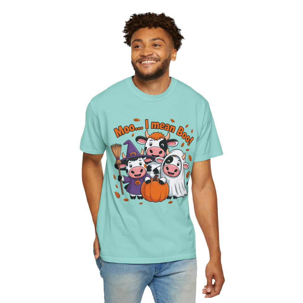 Halloween Cow T-Shirt – “Moo... I mean Boo!” Cute Pumpkin & Witch Cows Graphic Tee