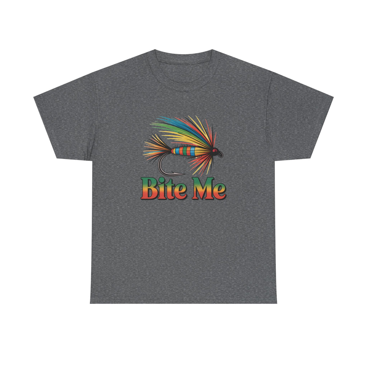 Fishing T-Shirt — Colorful Fly Design with "Bite Me" Text