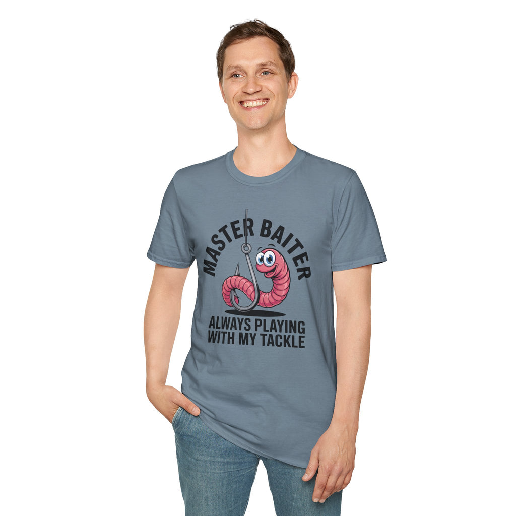 Master Baiter Fishing T-Shirt — Funny Worm Hook Tee ("Always Playing With My Tackle")
