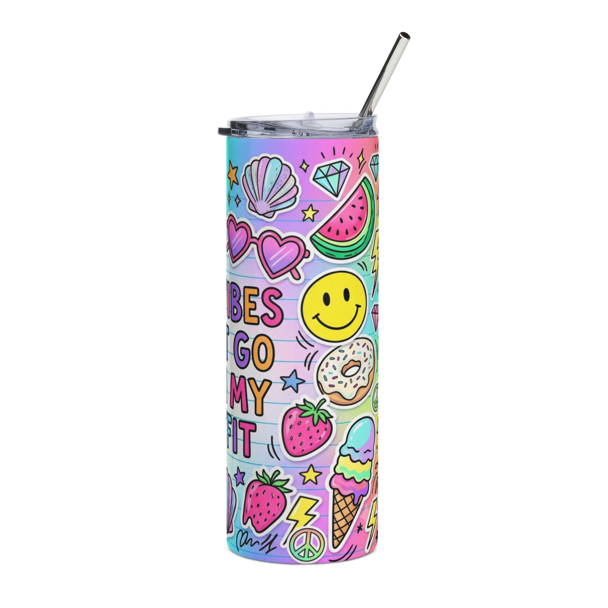 Funny Unicorn 20oz Stainless Steel Tumbler — Bad Vibes Don't Go With My Outfit Pastel Doodle Gift Travel Cup