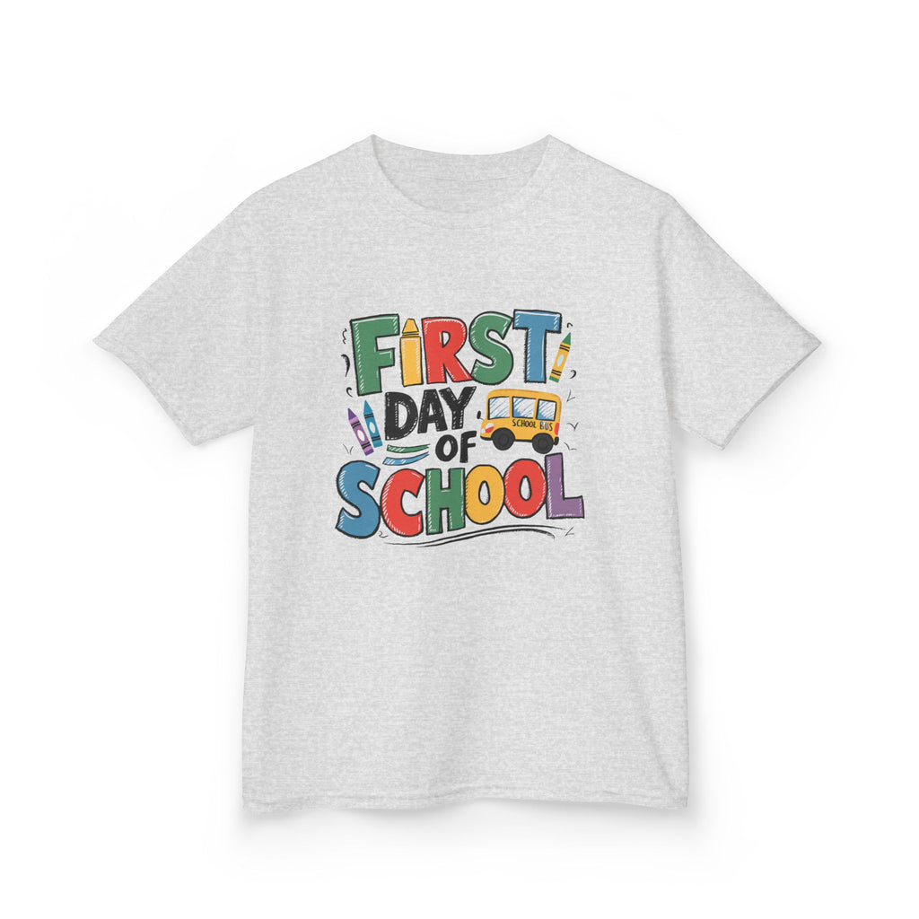 First Day of School Kids T-Shirt — Colorful Back-to-School Tee with School Bus Design