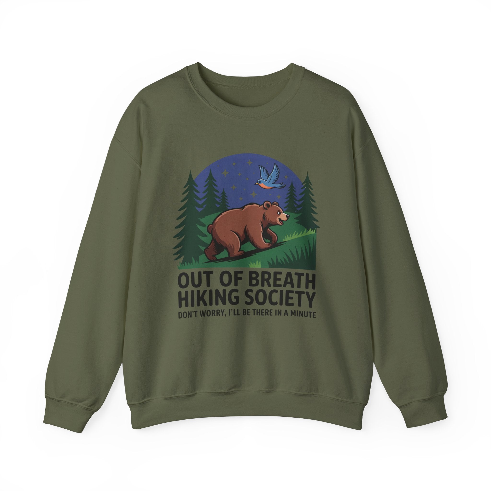 Out of Breath Hiking Society Crewneck Sweatshirt — Funny Bear Camping Graphic