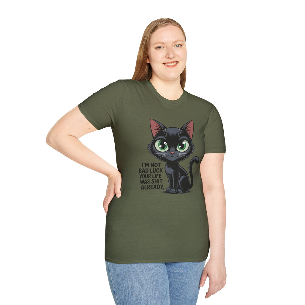 Funny Black Cat T-Shirt — I'm Not Bad Luck Dark Humor Gift Tee for Cat Lovers
