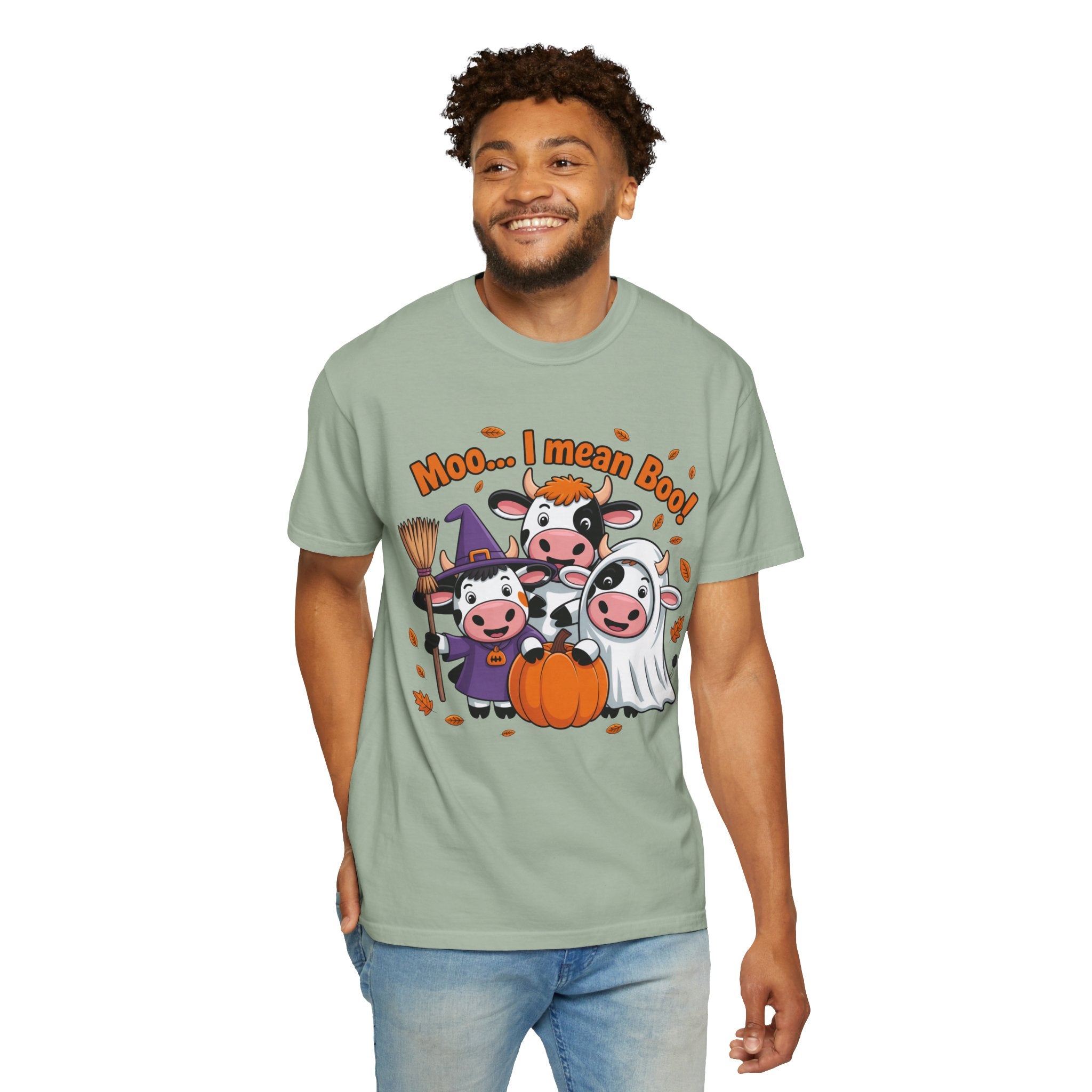 Halloween Cow T-Shirt – “Moo... I mean Boo!” Cute Pumpkin & Witch Cows Graphic Tee