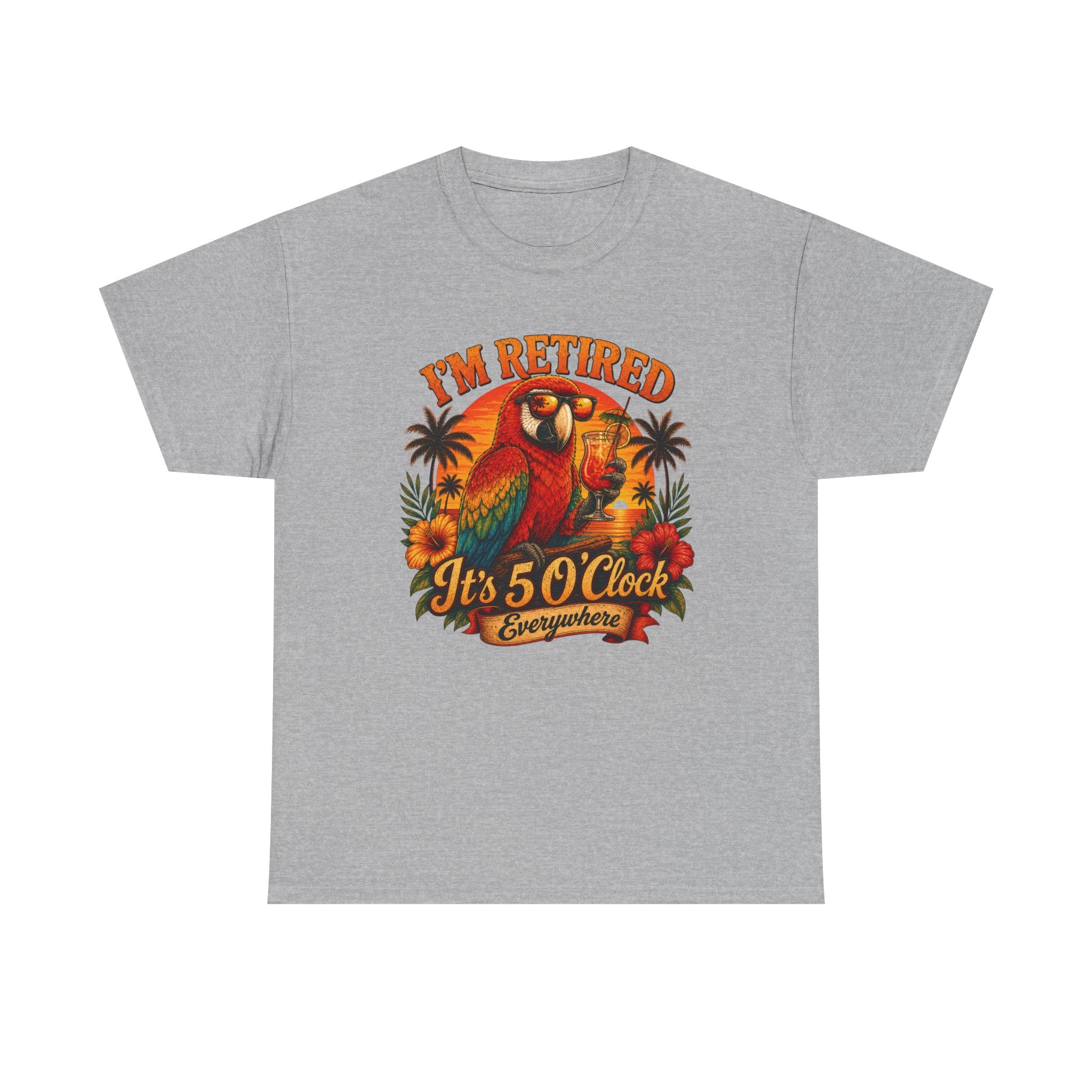 Funny Retirement T-Shirt — It's 5 O'Clock Everywhere Parrot Gift Tee for Retirees