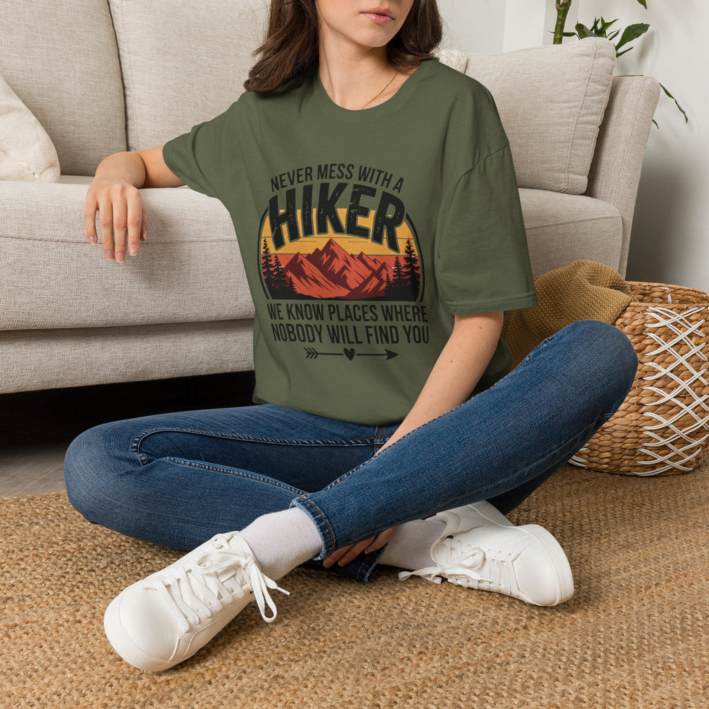 Hiker T-Shirt — "Never Mess With a Hiker" Mountain Sunset Tee