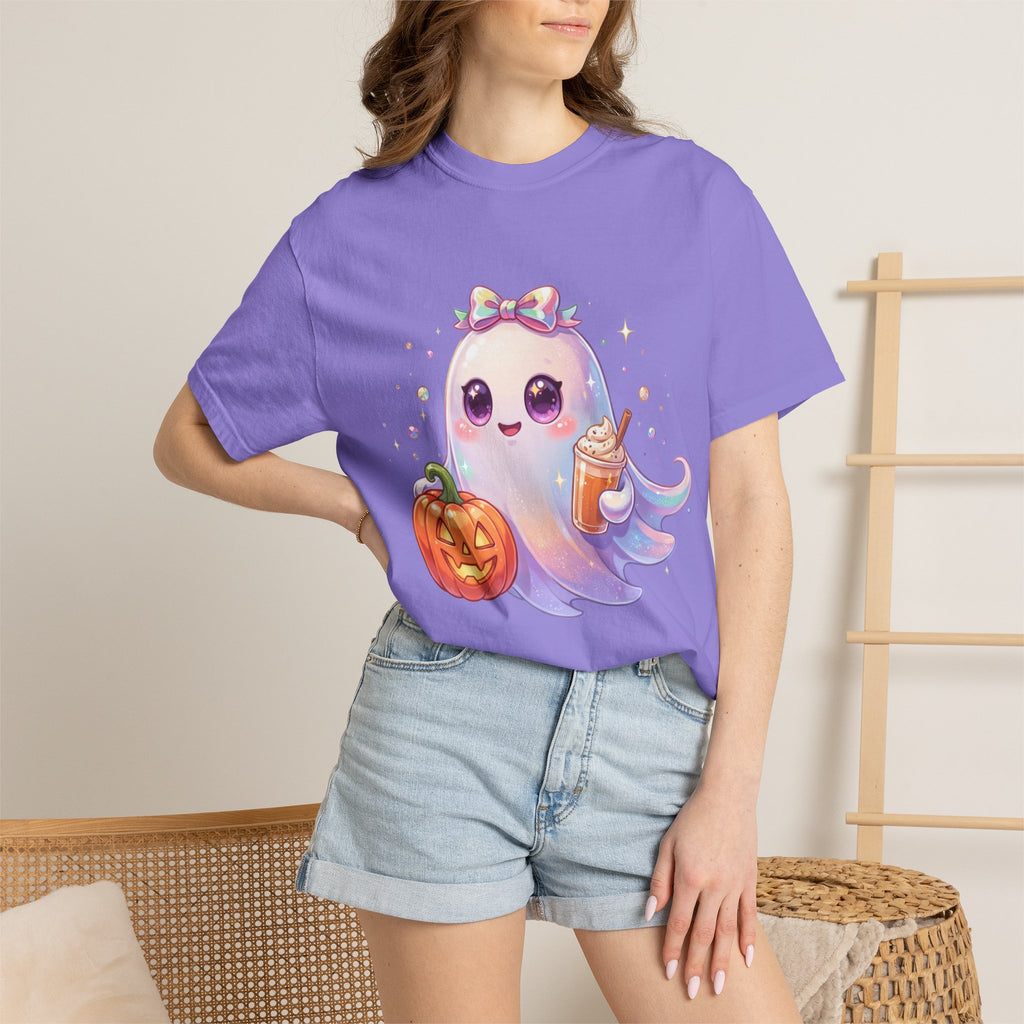 Cute Halloween Ghost T-Shirt — Kawaii Pumpkin & Candy Drink Graphic