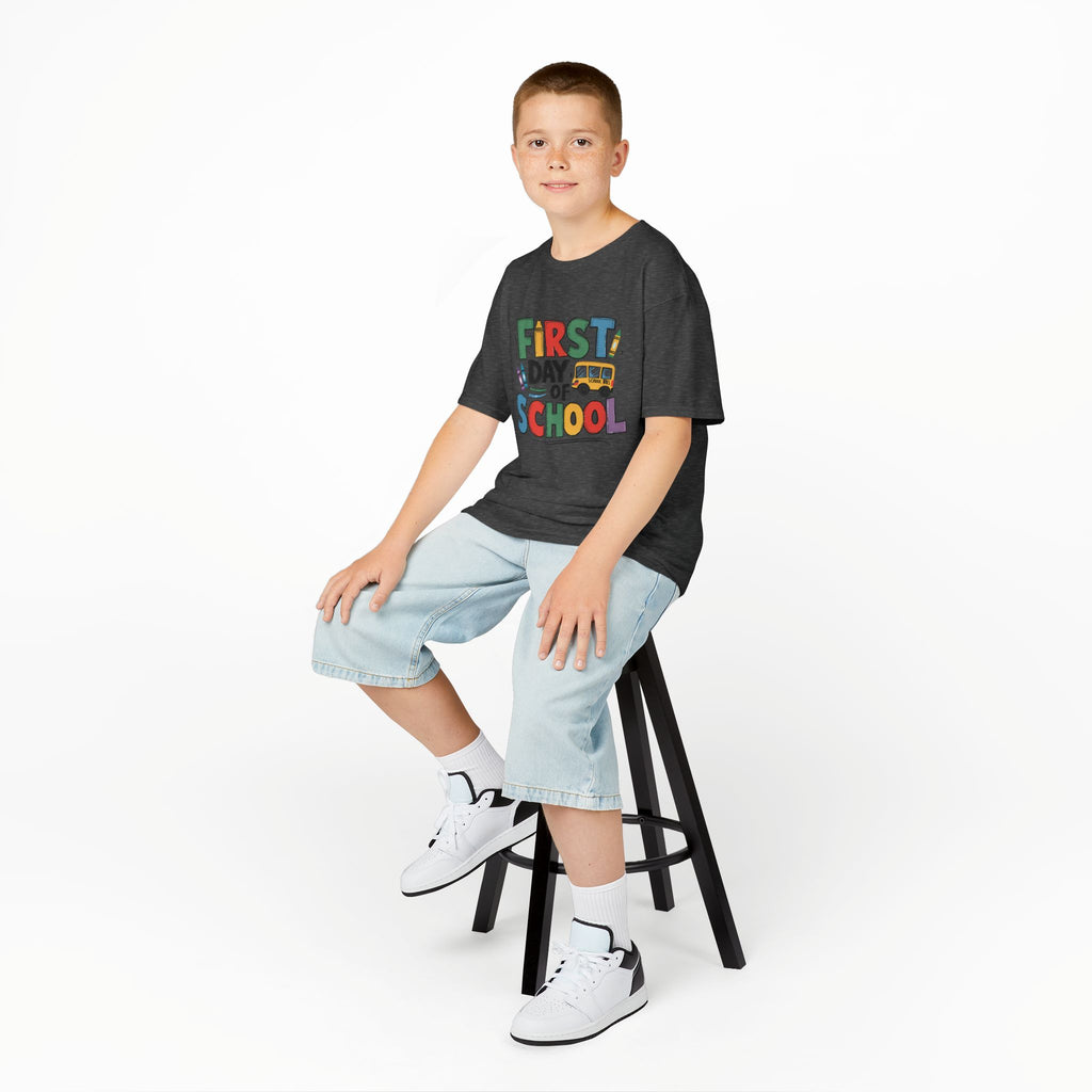 First Day of School Kids T-Shirt — Colorful Back-to-School Tee with School Bus Design