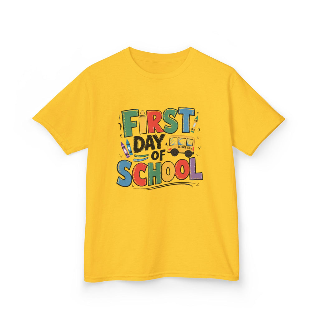 First Day of School Kids T-Shirt — Colorful Back-to-School Tee with School Bus Design