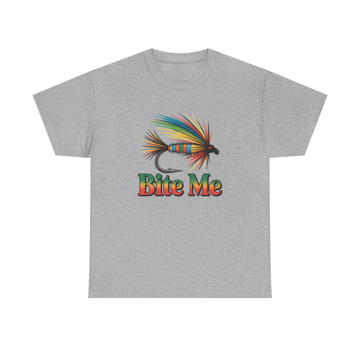 Fishing T-Shirt — Colorful Fly Design with "Bite Me" Text
