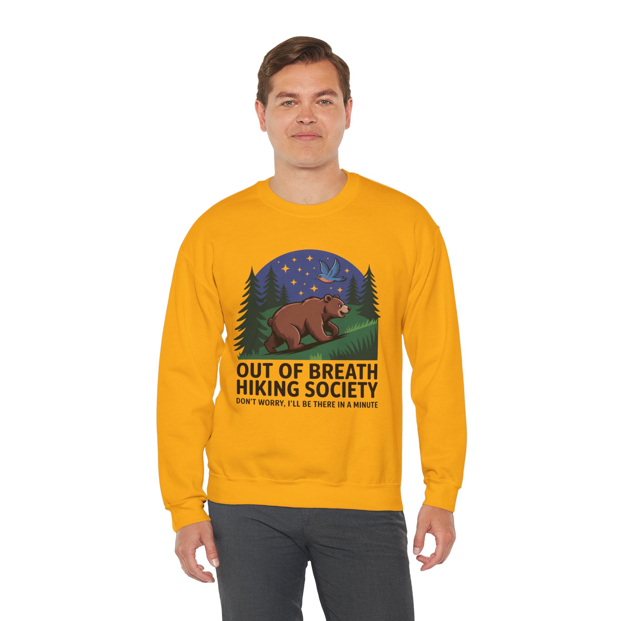 Out of Breath Hiking Society Crewneck Sweatshirt — Funny Bear Camping Graphic
