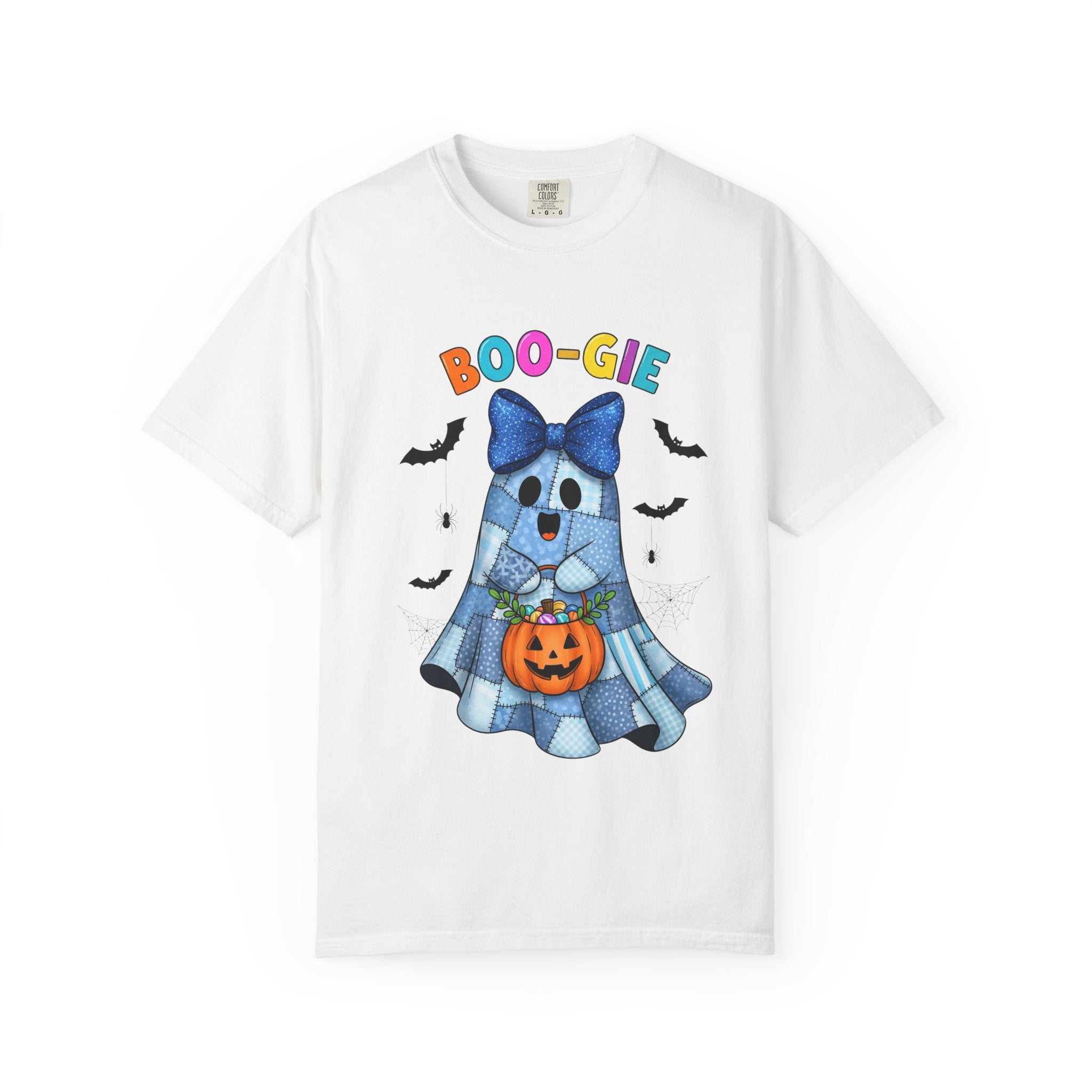 A white short-sleeve crewneck t-shirt featuring a colorful cartoon graphic of a ghost in a blue plaid dress holding a jack-o'-lantern, with the text 'BOO-GIE' above it.