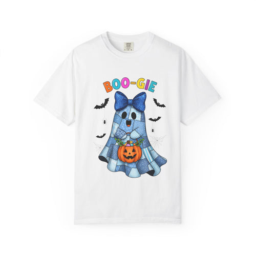 A white short-sleeve crewneck t-shirt featuring a colorful cartoon graphic of a ghost in a blue plaid dress holding a jack-o'-lantern, with the text 'BOO-GIE' above it.