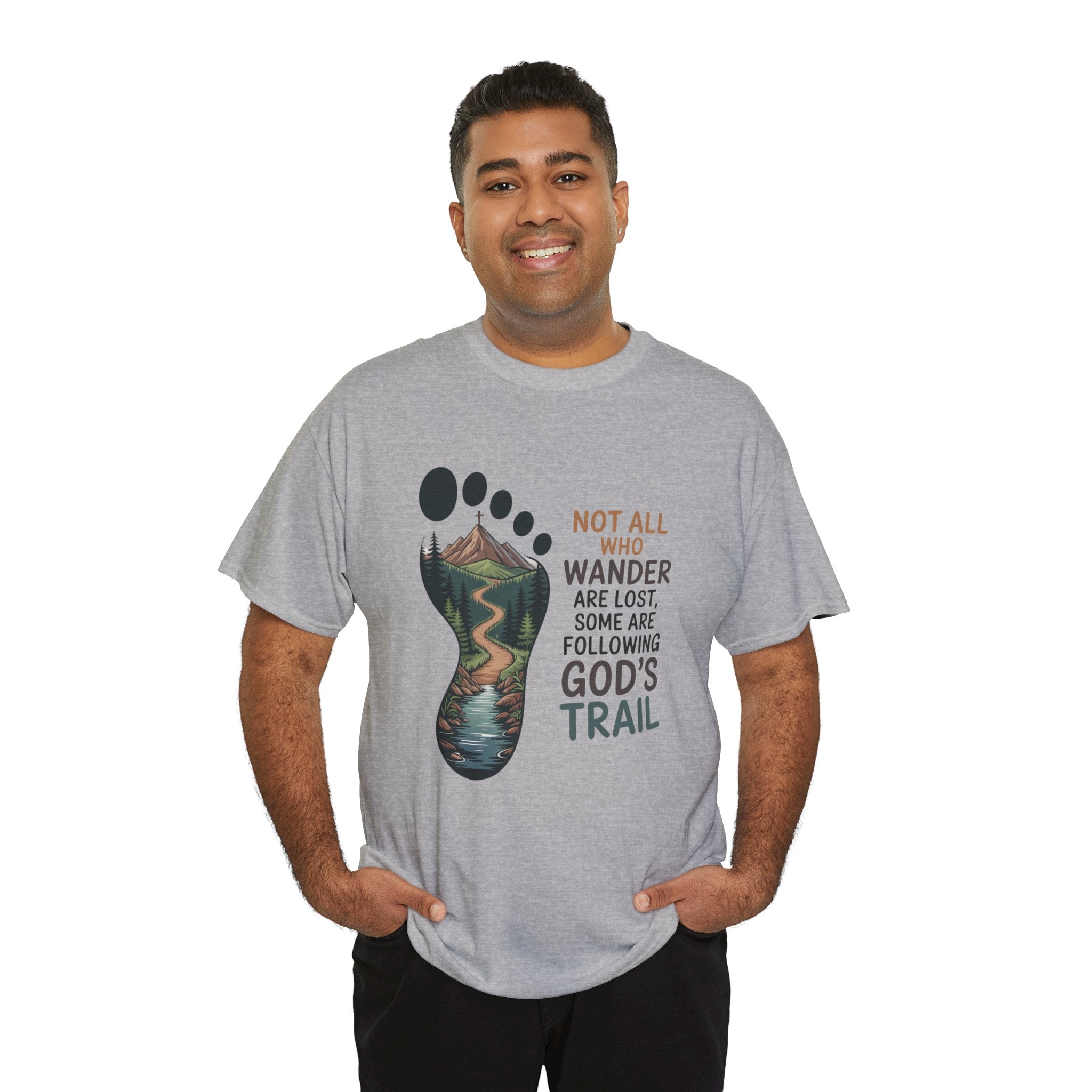 God's Trail Footprint T-Shirt — Christian Hiking Tee ("Not All Who Wander...")