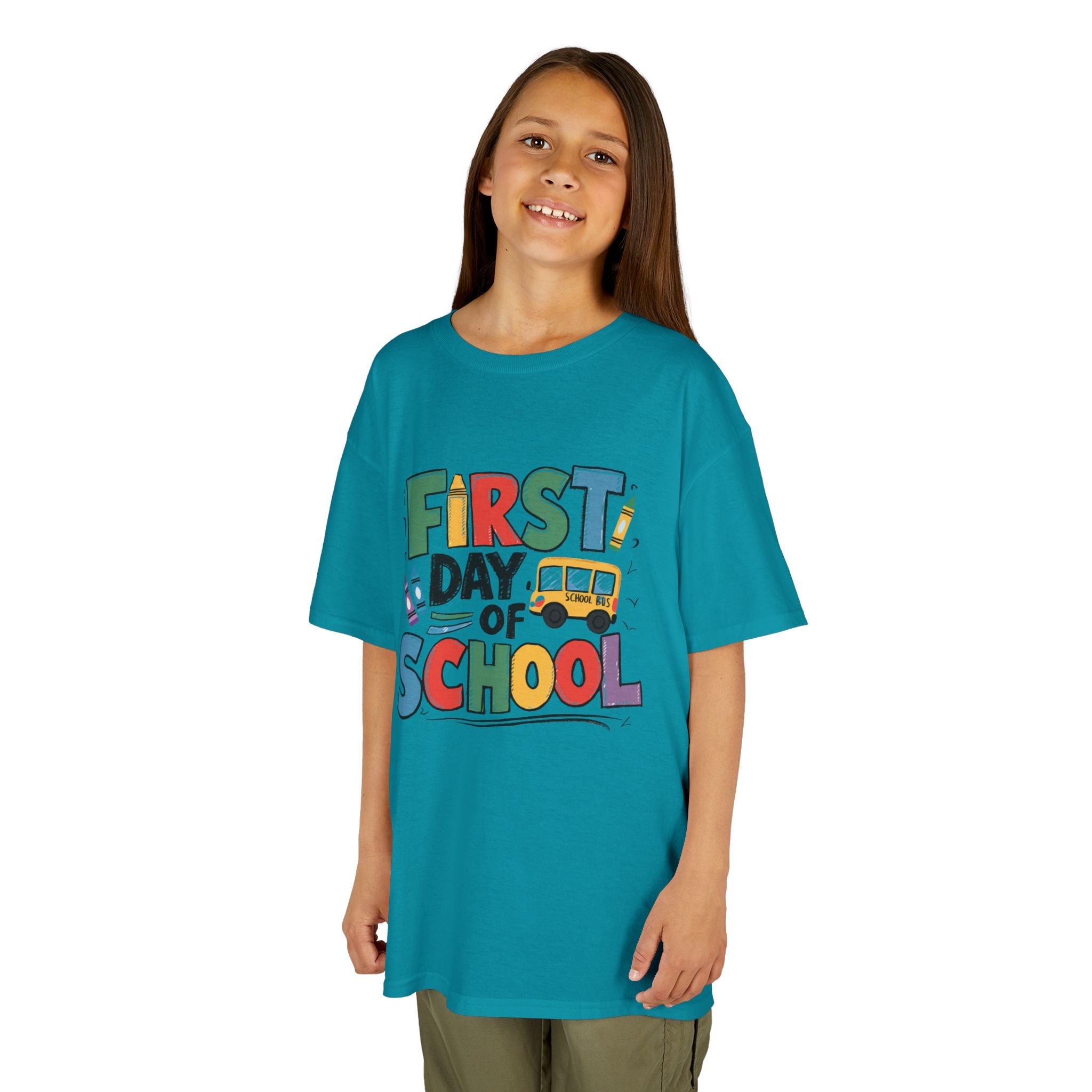 First Day of School Kids T-Shirt — Colorful Back-to-School Tee with School Bus Design