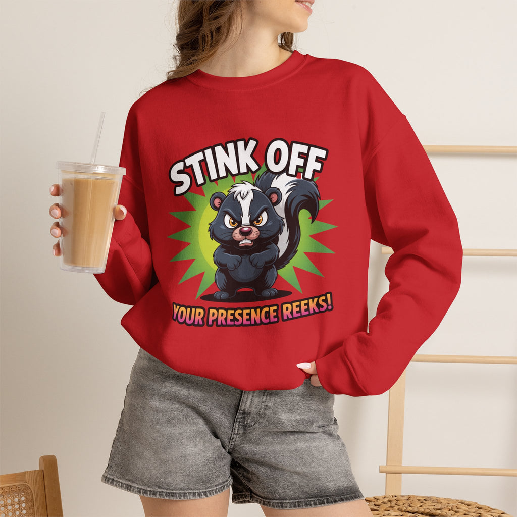 Stink Off Skunk Crewneck Sweatshirt — Funny 'Your Presence Reeks!' Graphic
