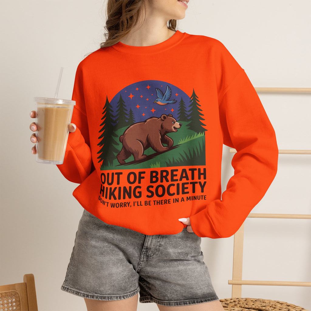 Out of Breath Hiking Society Crewneck Sweatshirt — Funny Bear Camping Graphic