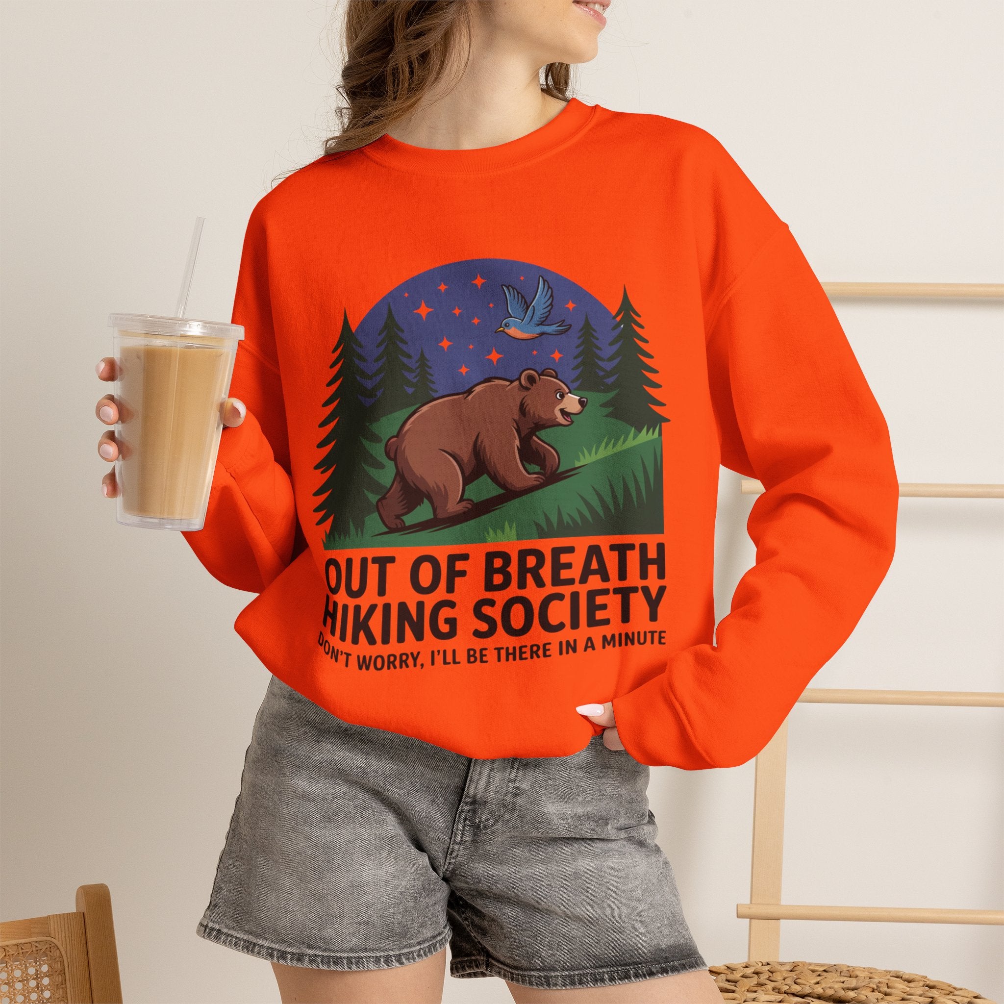 Out of Breath Hiking Society Crewneck Sweatshirt — Funny Bear Camping Graphic