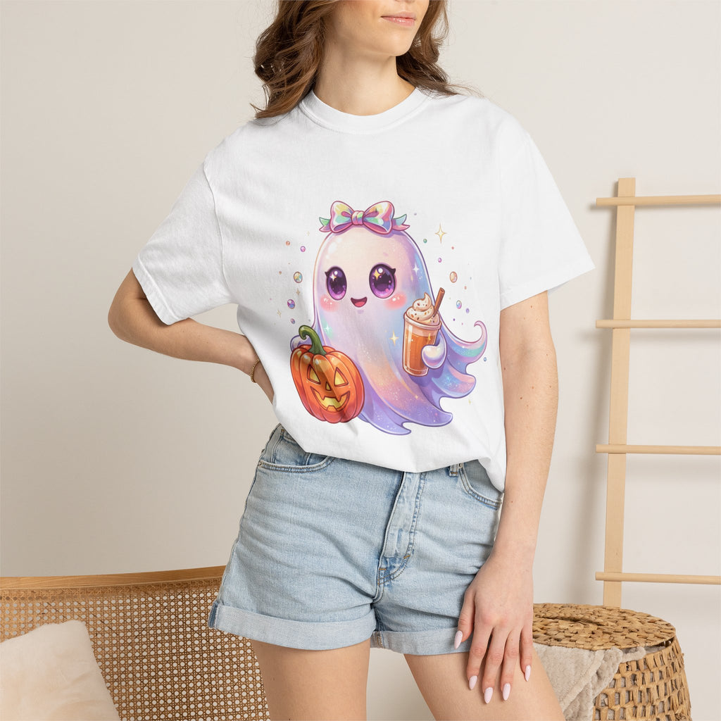 Cute Halloween Ghost T-Shirt — Kawaii Pumpkin & Candy Drink Graphic