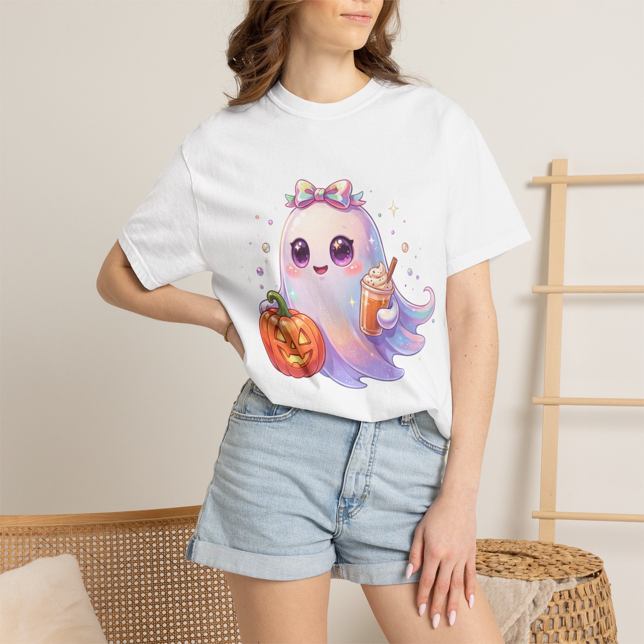 Cute Halloween Ghost T-Shirt — Kawaii Pumpkin & Candy Drink Graphic