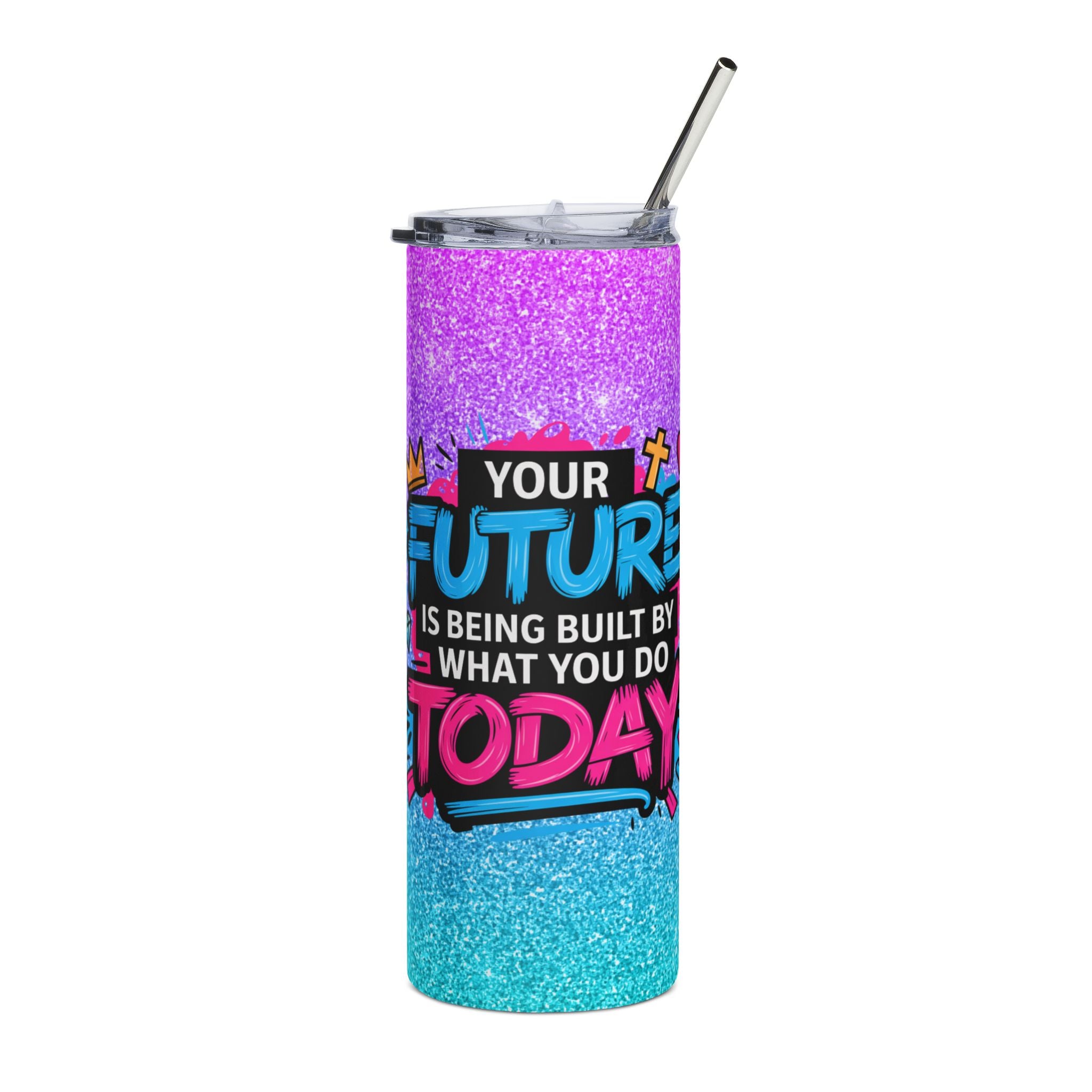 A tall, skinny glitter tumbler with a clear lid and metal straw, featuring a purple-to-blue glitter gradient and a motivational quote printed on the front.