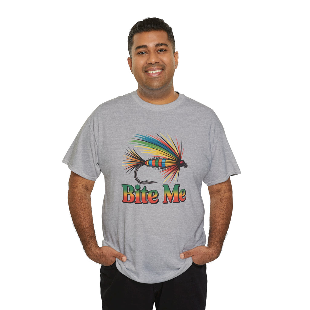 Fishing T-Shirt — Colorful Fly Design with "Bite Me" Text