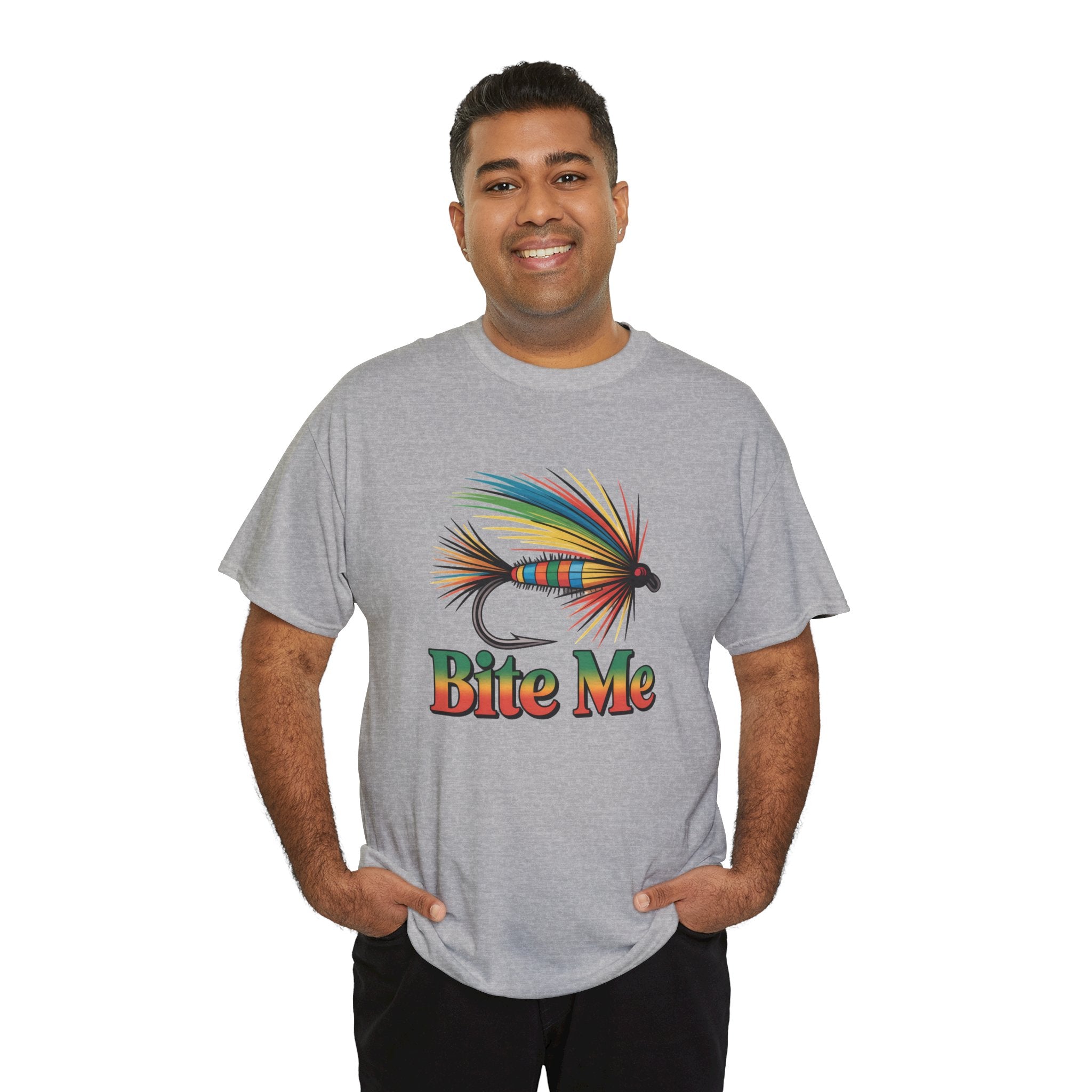 Fishing T-Shirt — Colorful Fly Design with "Bite Me" Text