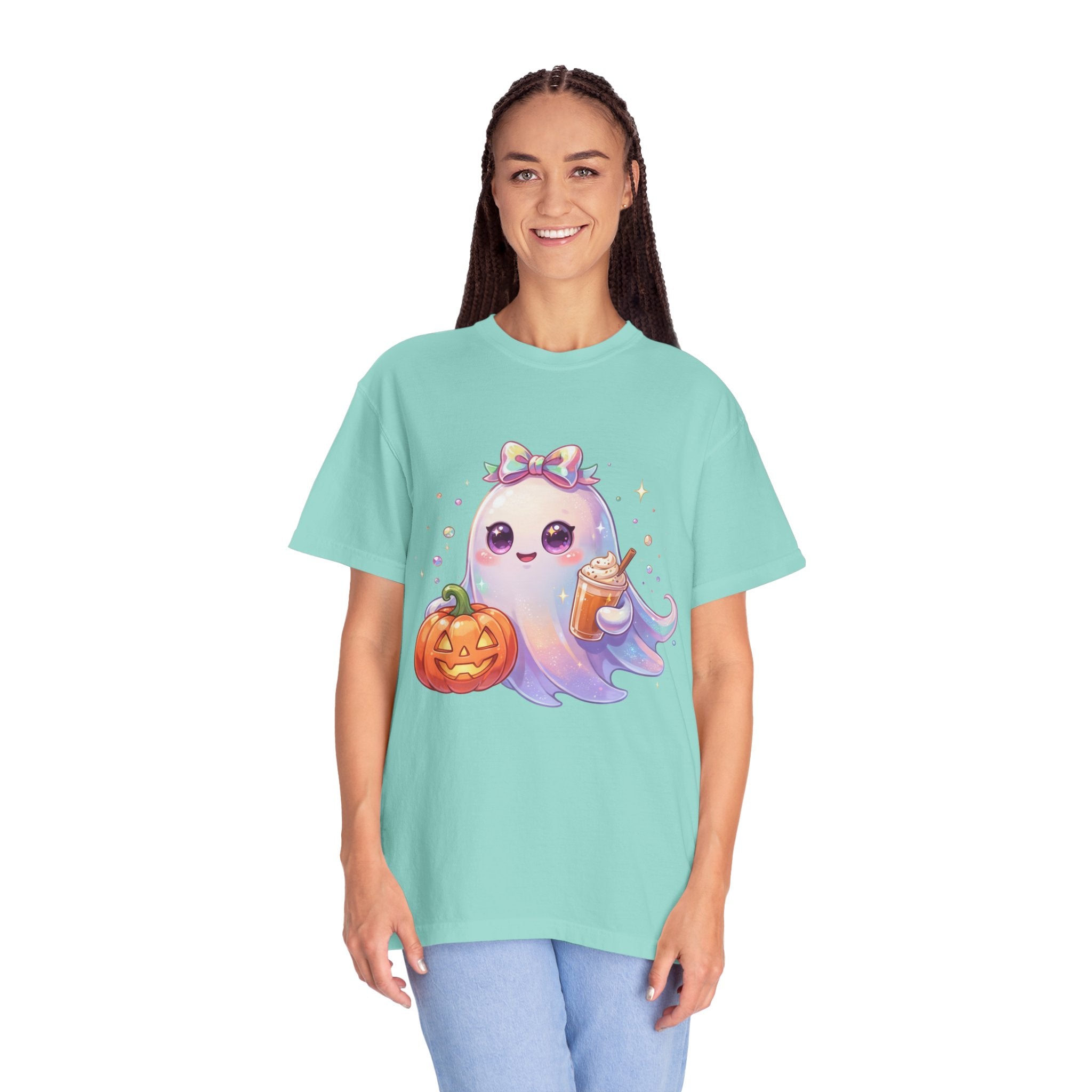 Cute Halloween Ghost T-Shirt — Kawaii Pumpkin & Candy Drink Graphic