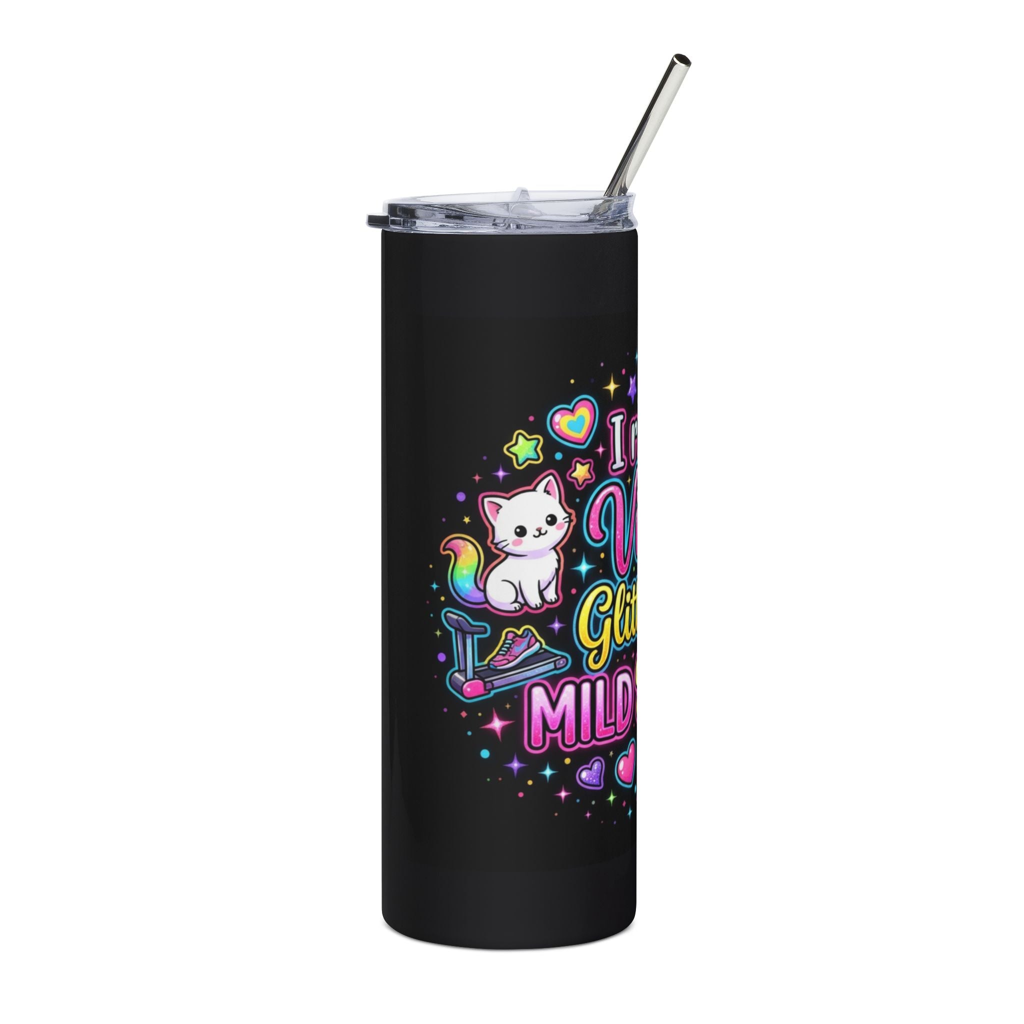 20oz Stainless Tumbler — "I Run on Vibes, Glitter, and Mild Delusions" Cute Cat Design