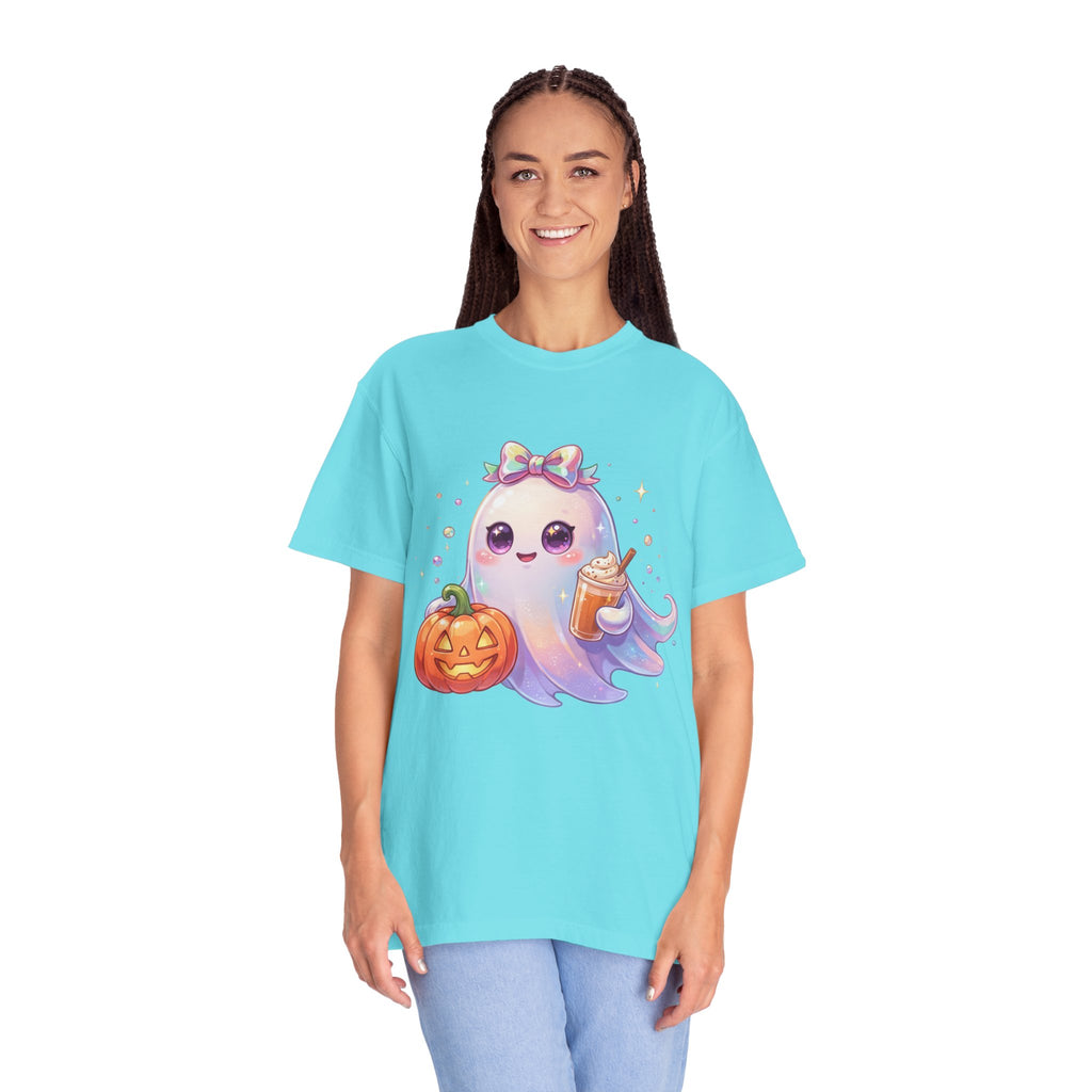 Cute Halloween Ghost T-Shirt — Kawaii Pumpkin & Candy Drink Graphic