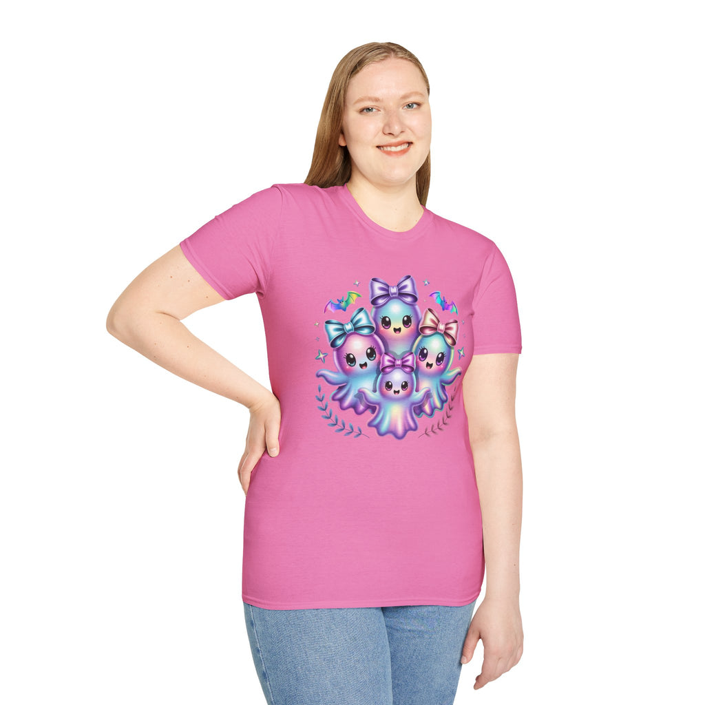 Cute Pastel Ghosts T-Shirt — Kawaii Iridescent Ghost Trio with Bows