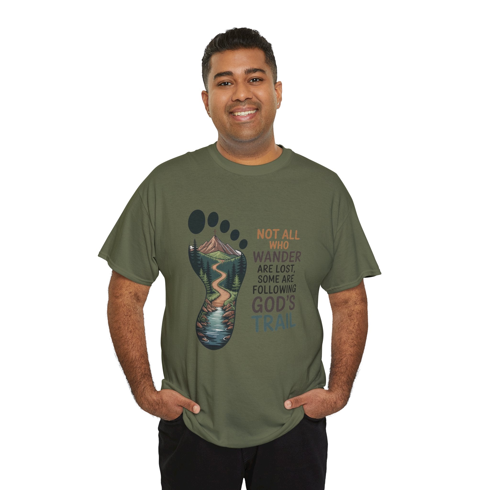 God's Trail Footprint T-Shirt — Christian Hiking Tee ("Not All Who Wander...")