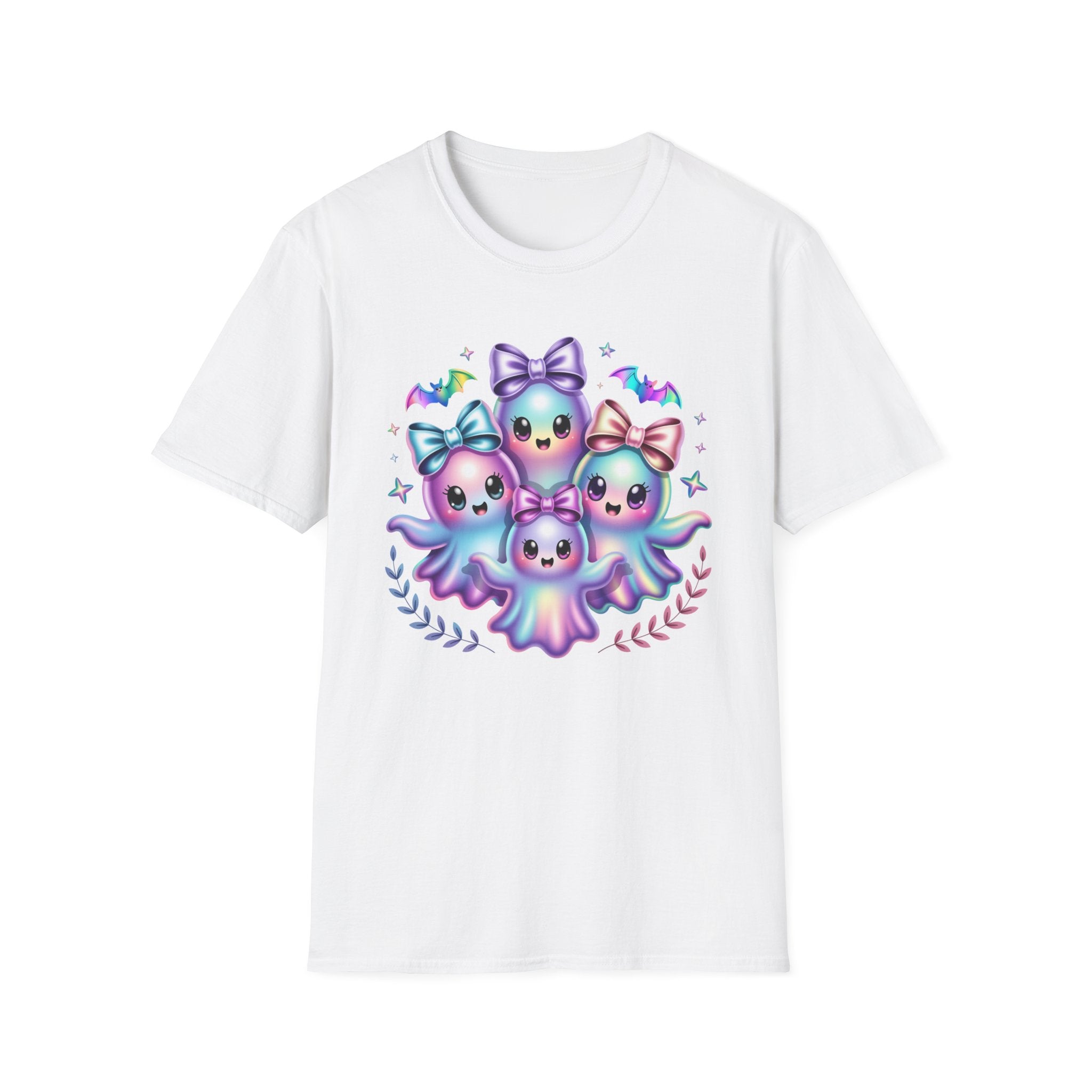 A white short-sleeve crewneck t-shirt featuring a colorful graphic print of four cute pastel ghosts with bows, displayed on a clean white background.