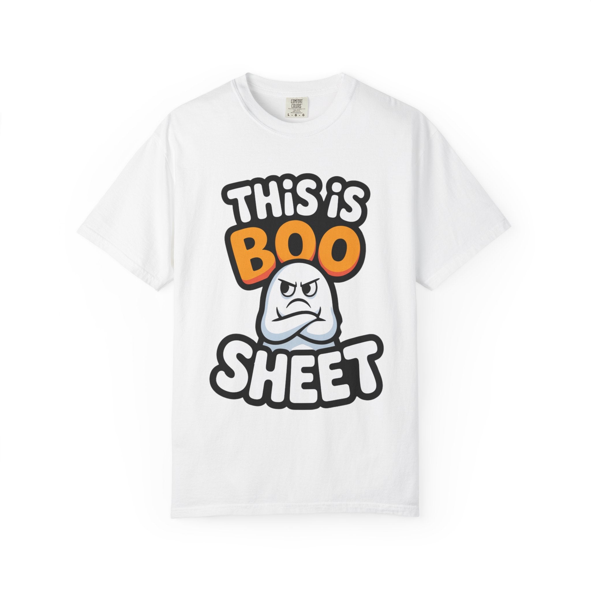 A white short-sleeve crewneck t-shirt featuring a graphic print that reads 'THIS IS BOO SHEET' with a cartoon angry ghost in the center, displayed on a clean white background.