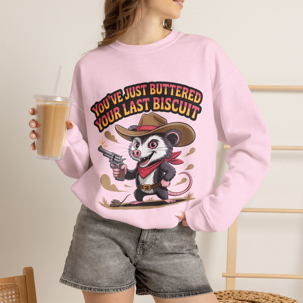 Crewneck Sweatshirt – "You’ve Just Buttered Your Last Biscuit" Cowboy Opossum Graphic