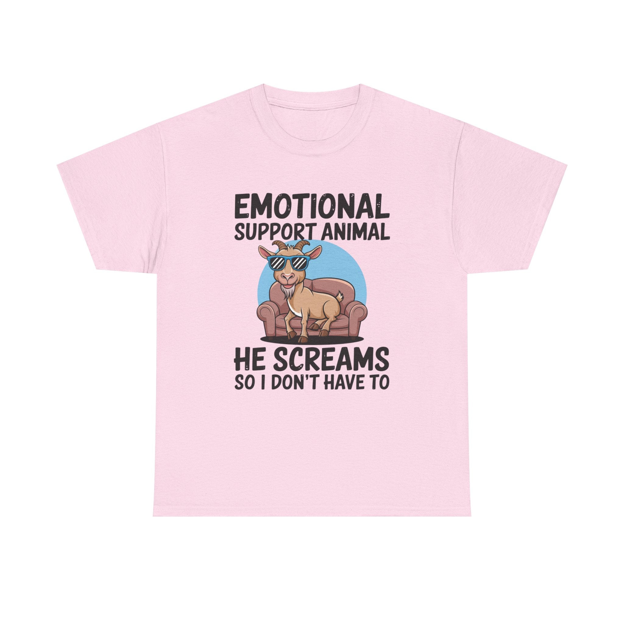 A light pink short-sleeve t-shirt with a graphic print of a goat sitting on a couch wearing sunglasses, with the text 'EMOTIONAL SUPPORT ANIMAL' above and 'HE SCREAMS SO I DON'T HAVE TO' below.
