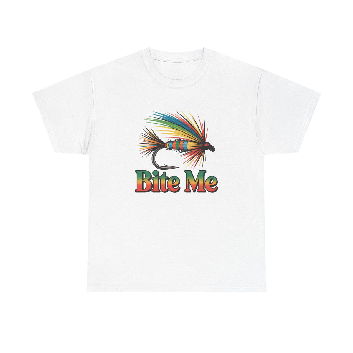 Fishing T-Shirt — Colorful Fly Design with "Bite Me" Text