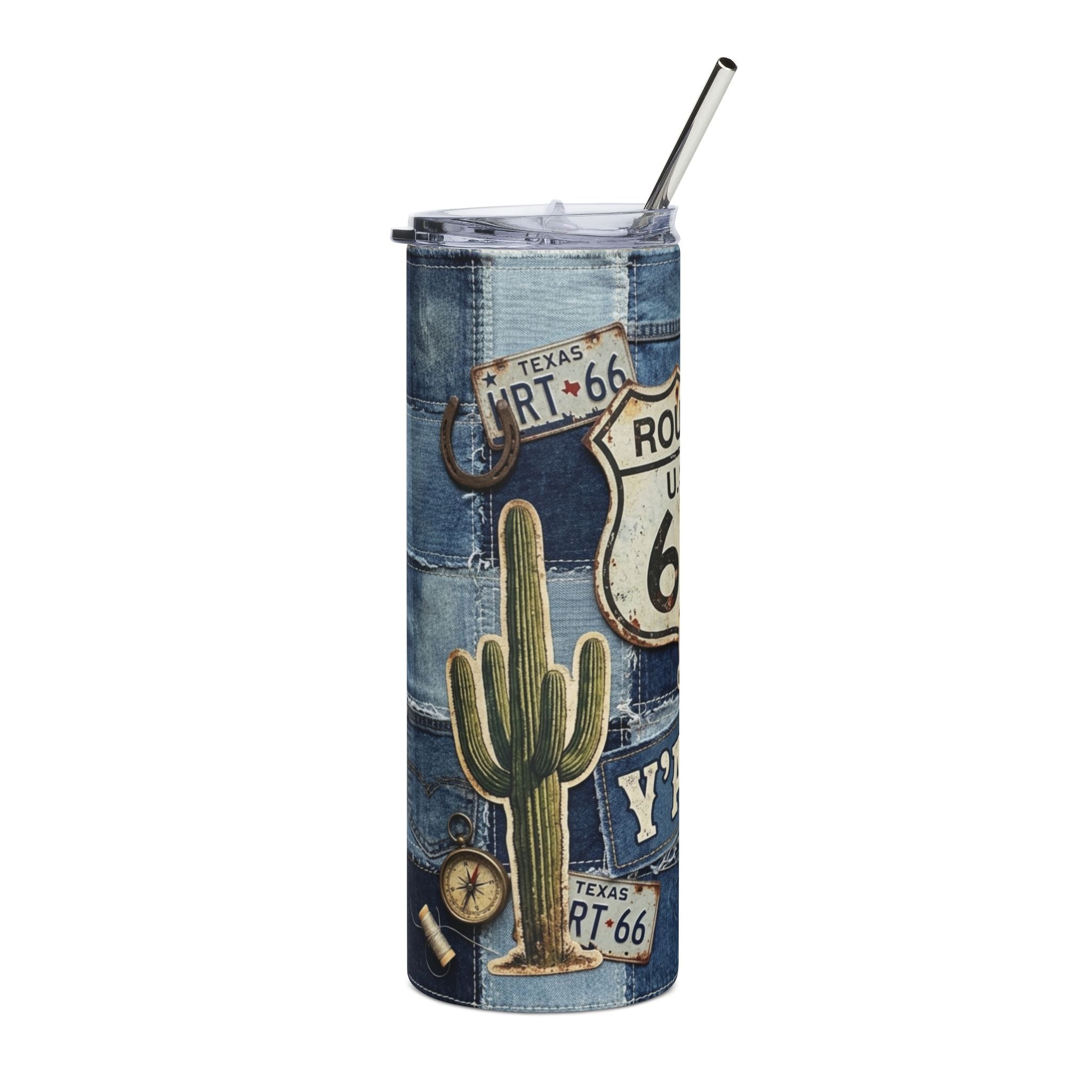 Route 66 Denim 20oz Stainless Steel Tumbler — Road Trip Travel Gift Cup for Travelers