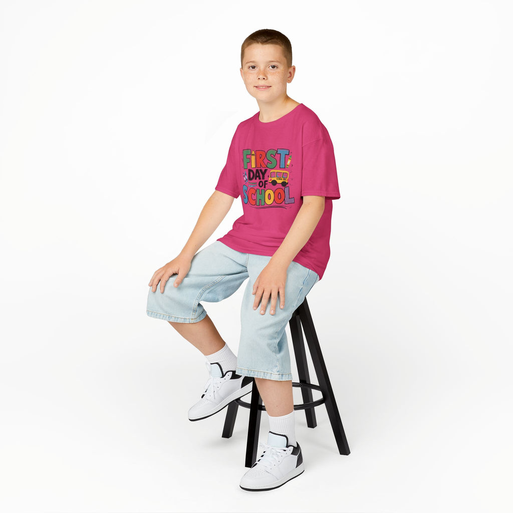 First Day of School Kids T-Shirt — Colorful Back-to-School Tee with School Bus Design