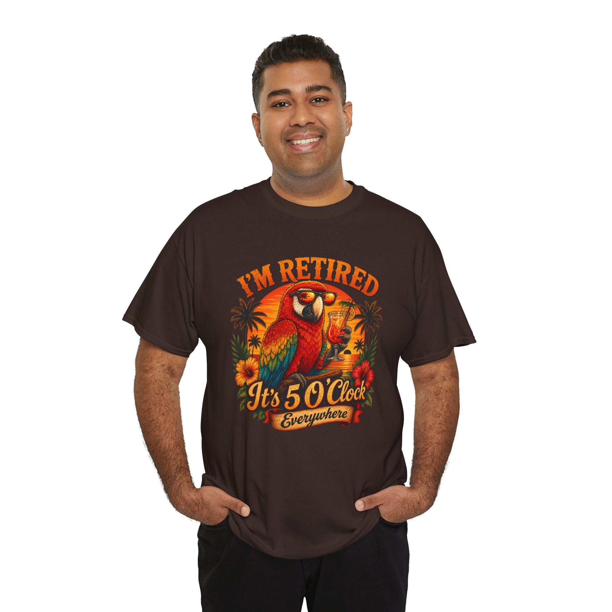 Funny Retirement T-Shirt — It's 5 O'Clock Everywhere Parrot Gift Tee for Retirees