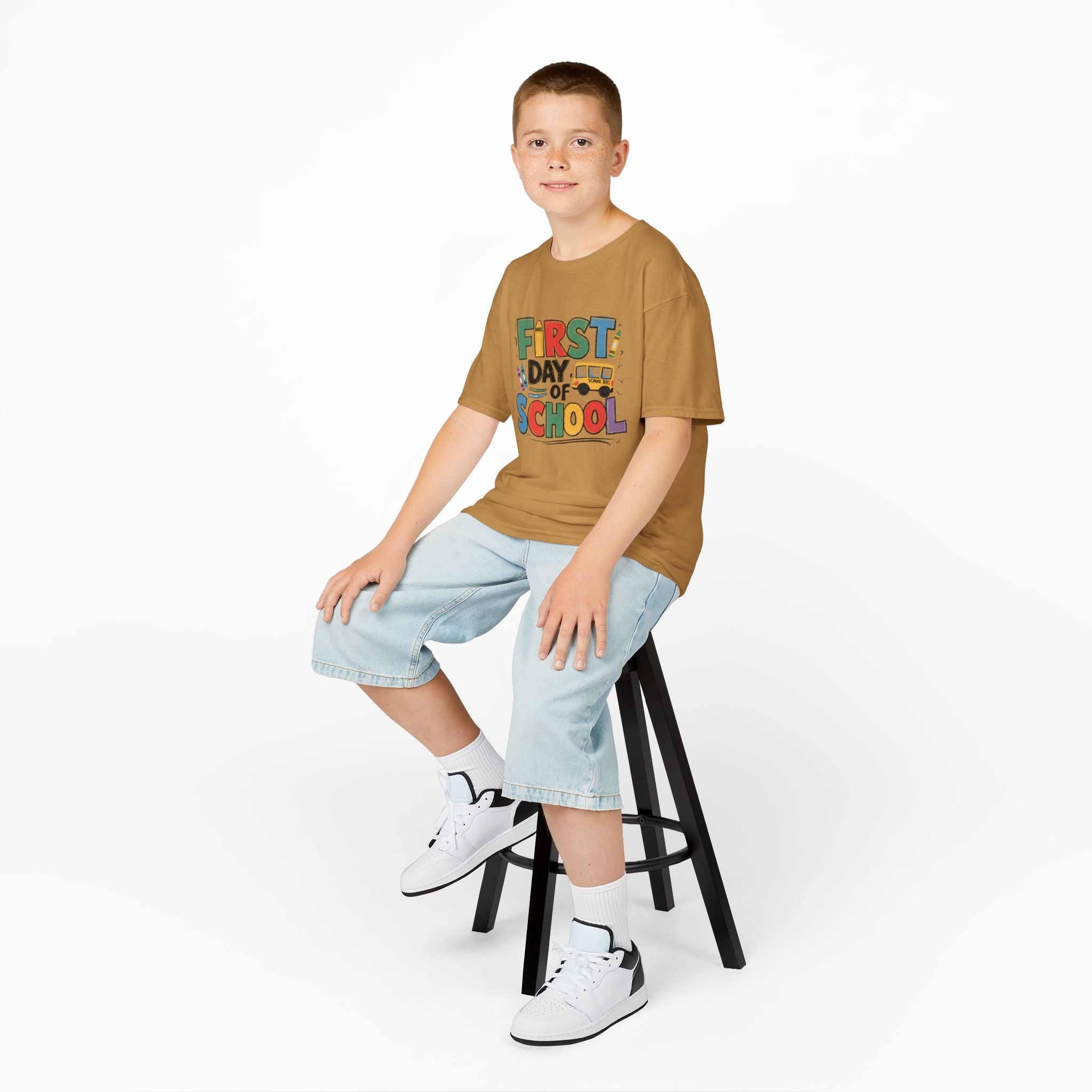 First Day of School Kids T-Shirt — Colorful Back-to-School Tee with School Bus Design