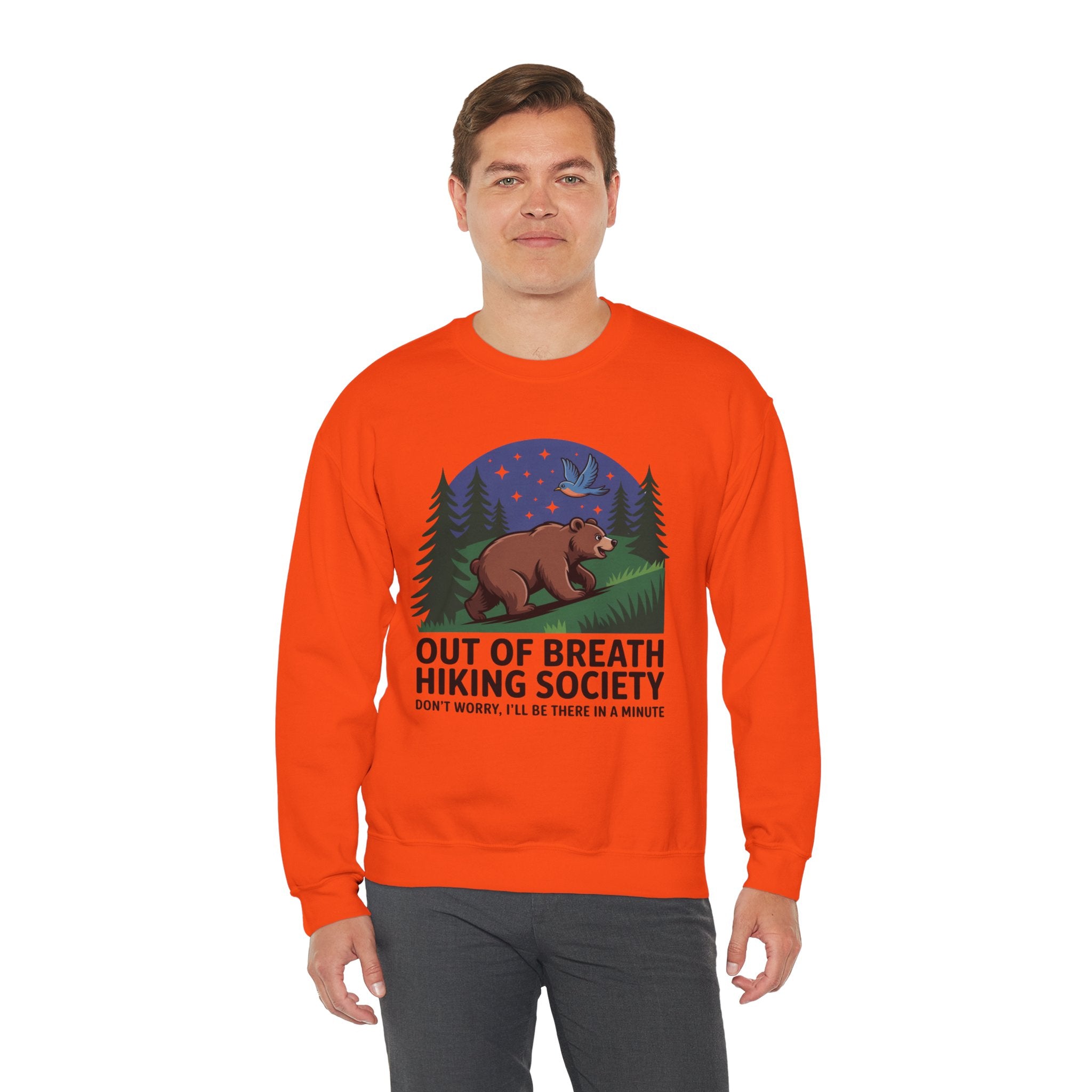 Out of Breath Hiking Society Crewneck Sweatshirt — Funny Bear Camping Graphic