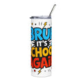 A white insulated tumbler with a clear lid and metal straw, featuring a colorful comic-style graphic that reads 'BRUSH IT'S SCHOOL AGAIN' in blue, yellow, red, and black lettering.