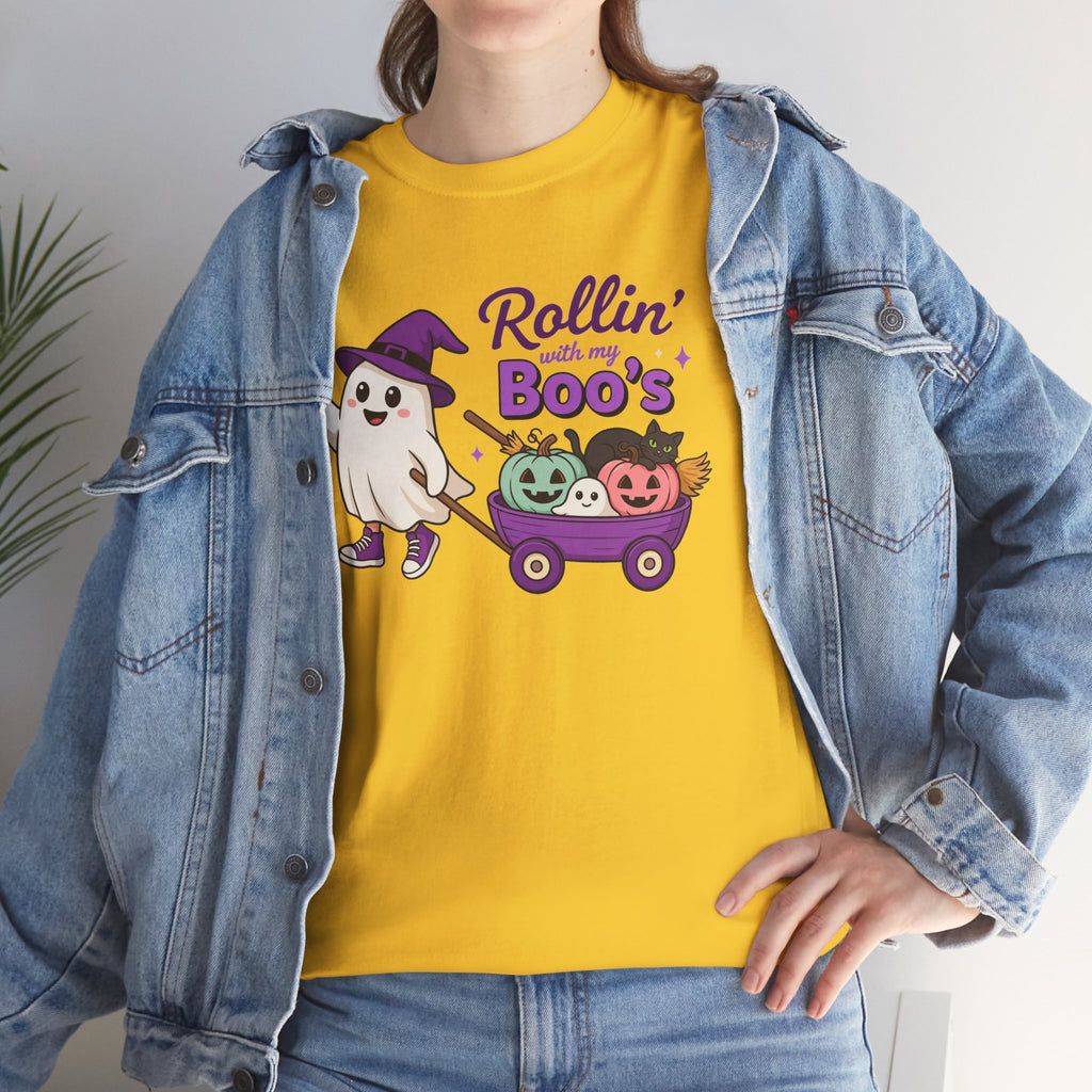 Rollin' Boo's Halloween Tee — Cute Ghost Wagon Pumpkin Kids Shirt