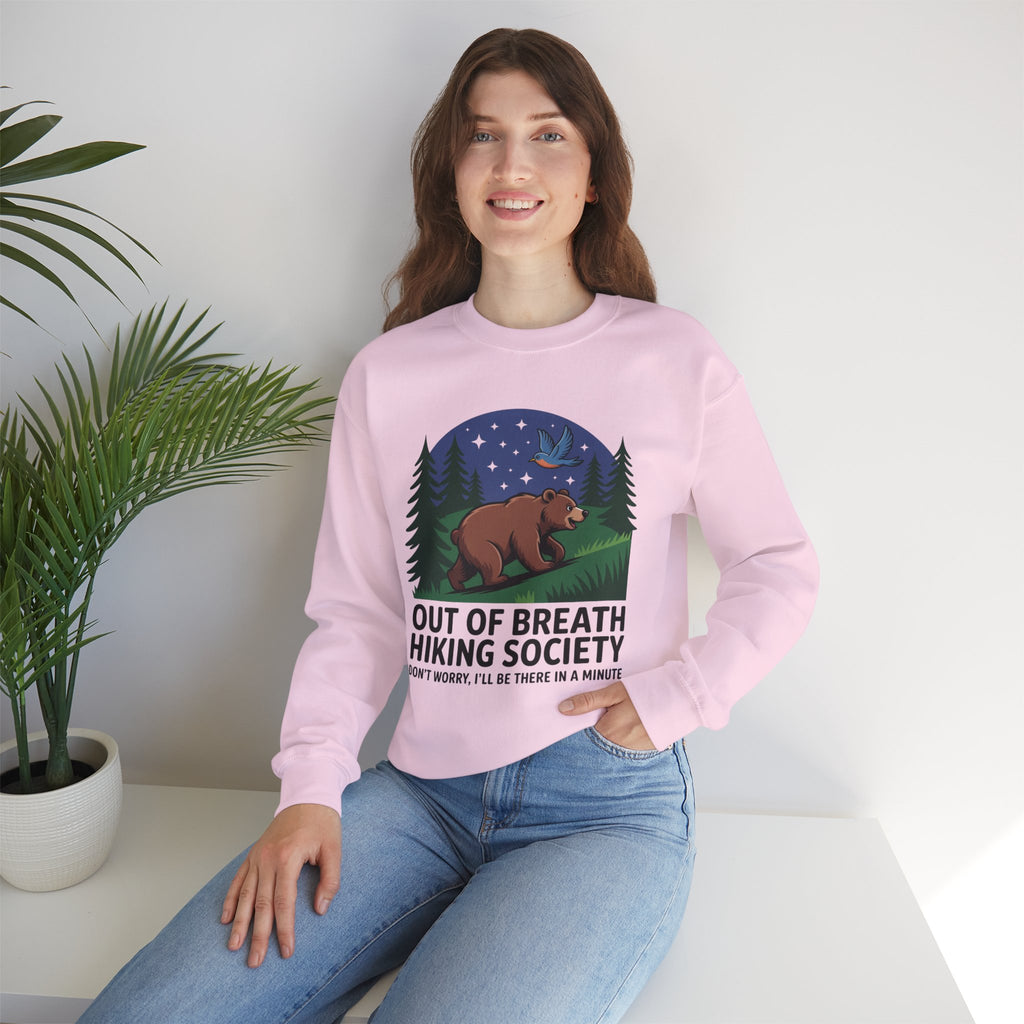 Out of Breath Hiking Society Crewneck Sweatshirt — Funny Bear Camping Graphic