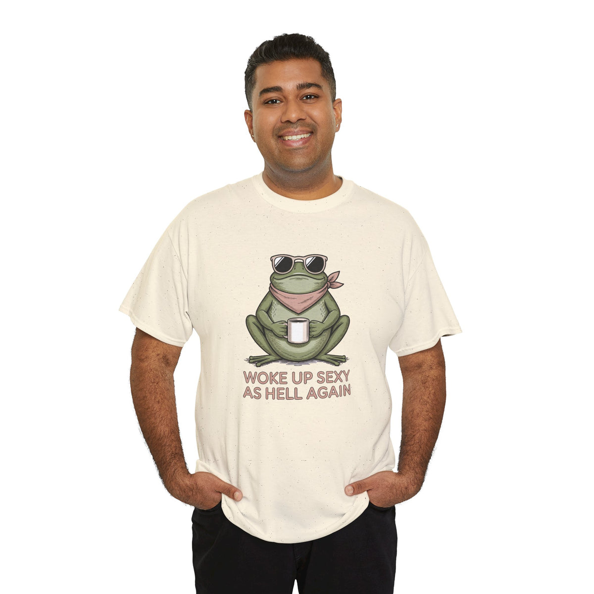 Frog Mug Graphic Tee — "Woke Up Sexy As Hell Again" Cotton T-Shirt