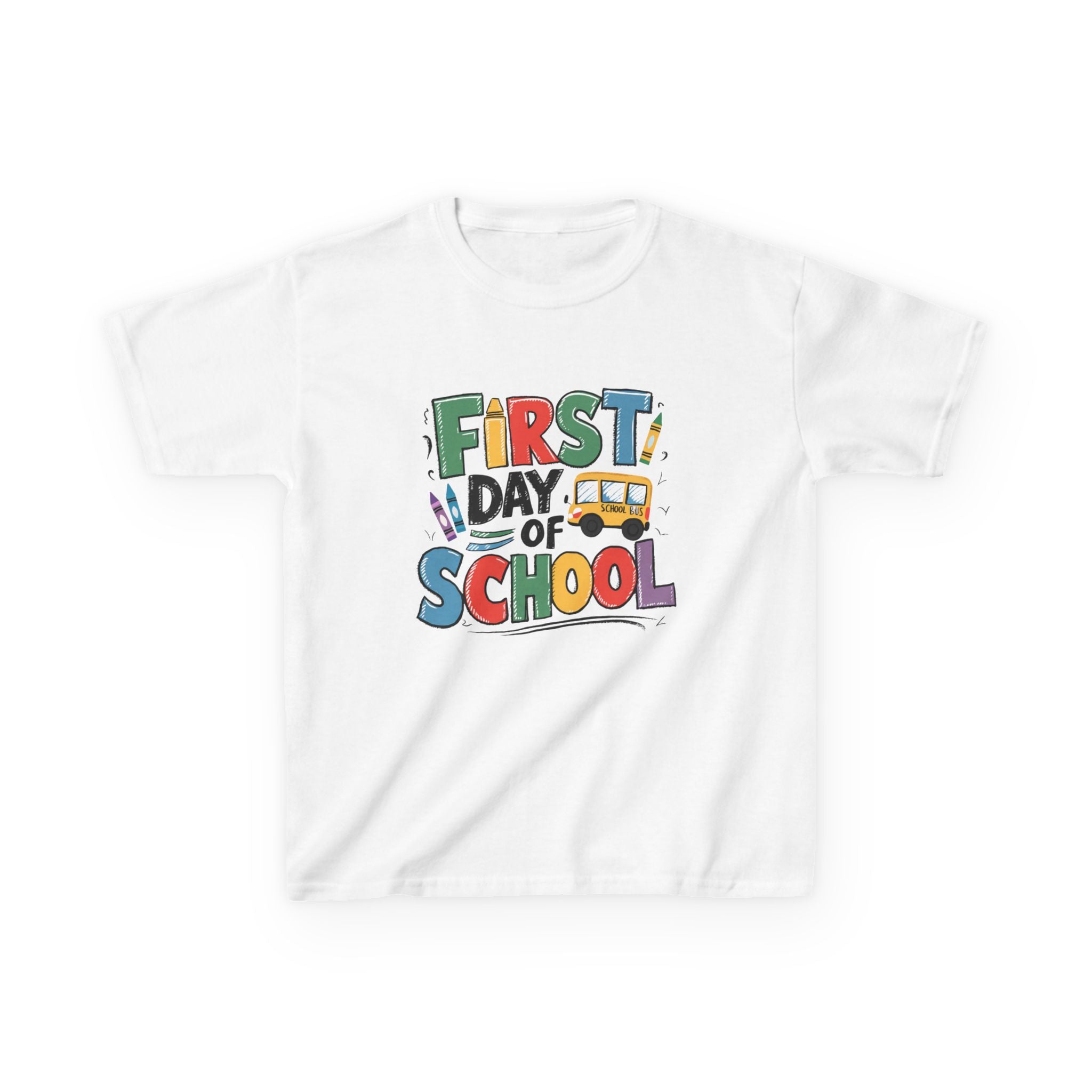 First Day of School Kids T-Shirt — Colorful Back-to-School Tee with School Bus Design
